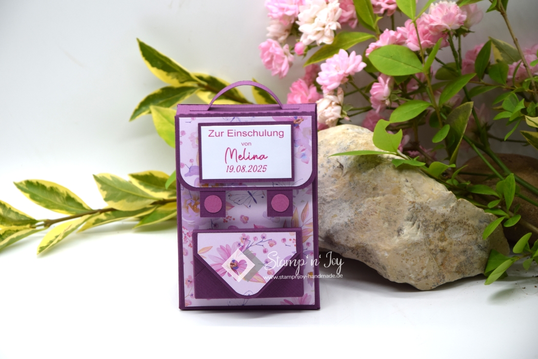 Schulranzen Einschulung Schule personalisierbar | Geschenkbox befüllbar | Geldgeschenk | Motiv: floral | brombeere | Art. Nr. 13040404